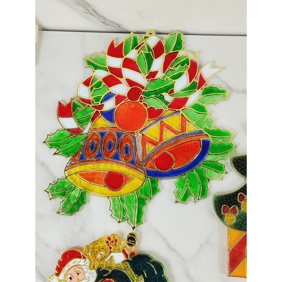 Christmas Sun Catcher Window Plaque 90s Plastic Large Stained Glass Style x7 Vtg - Picture 2 of 16